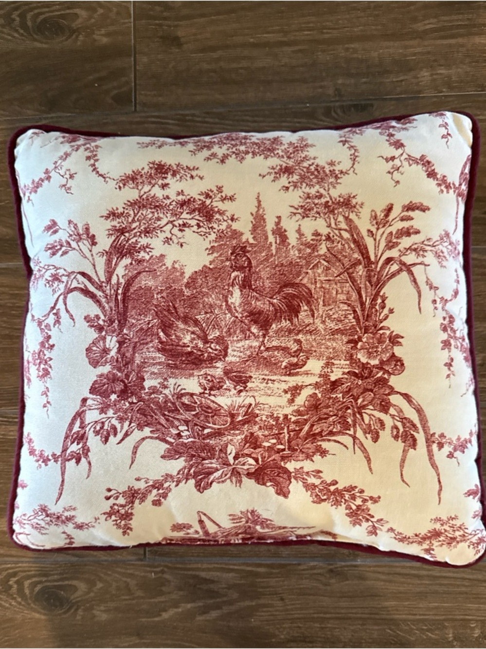 Waverly  French Country Red & White Toile Rooster Pillow La Petite Ferme